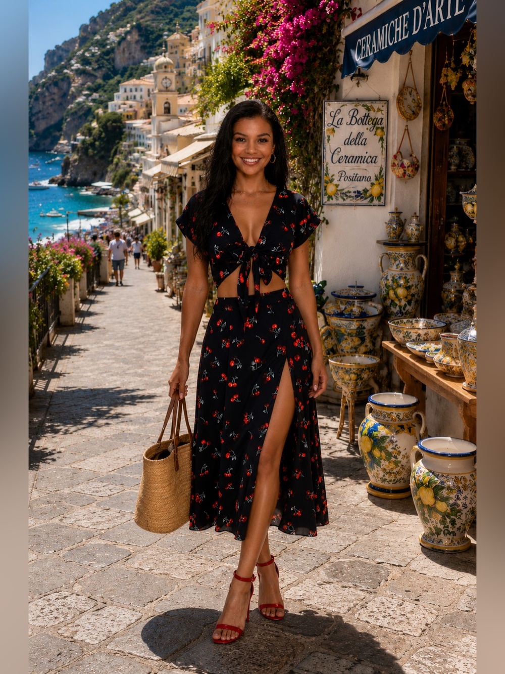 Two-piece Women Maxi Skirt and Wrap Crop Top Cherry Set (XS-3XL)
